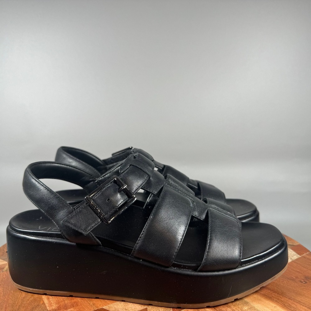 Vionic Delano Black Leather Fisherman Platform Wedge Sandals Womens 7
